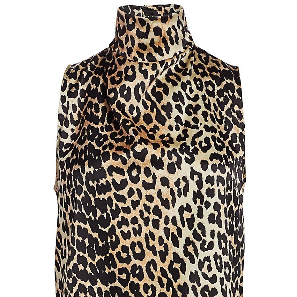 Ganni Stretch Silk Cowl-Neck Leopard Top NWT